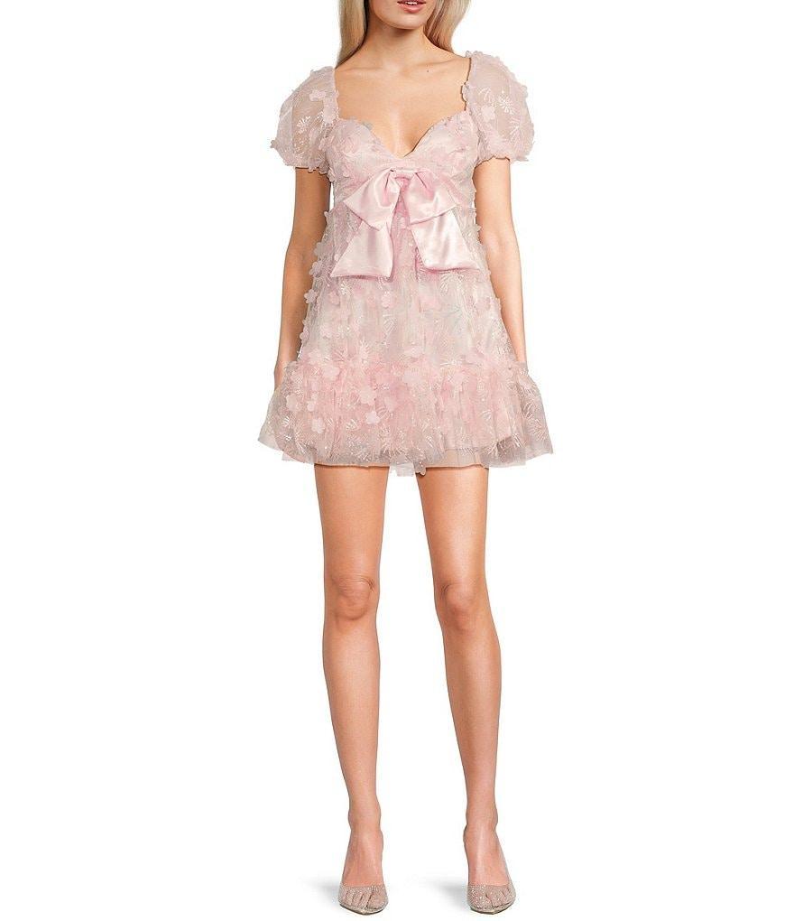B. Darlin 3D Floral V-Neck Short Puff-Sleeve Bow Front Ruffle Dress Product Image