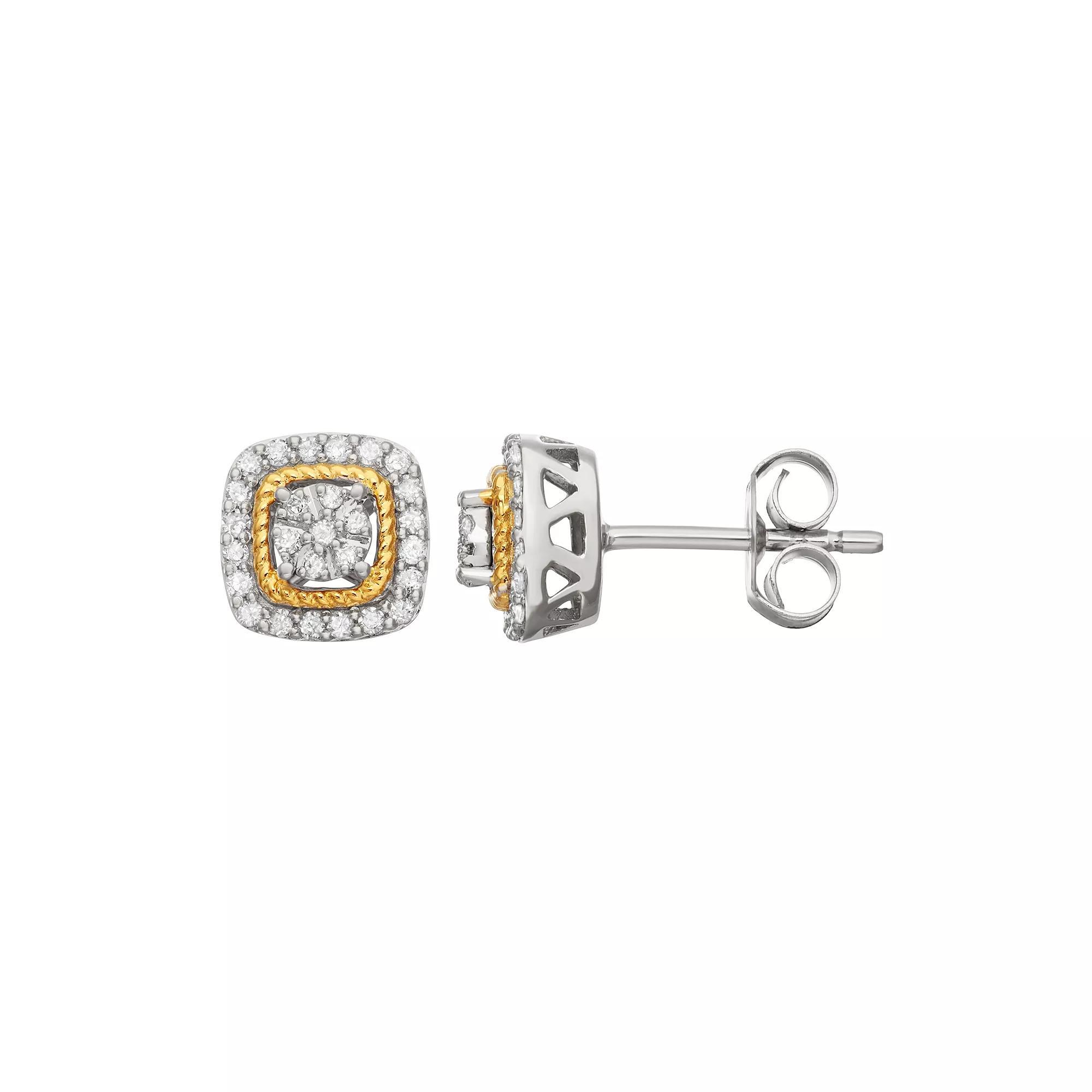 Two Tone Sterling Silver 1/4 Carat T.W. Diamond Square Halo Stud Earrings, Women's, Gold Tone Product Image