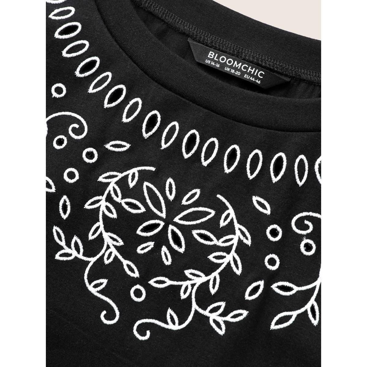 Plus Size Floral Embroidered Round Neck T-shirt Black Women Elegant Embroidered Round Neck Everyday T-shirts BloomChic 18-20/2X Product Image
