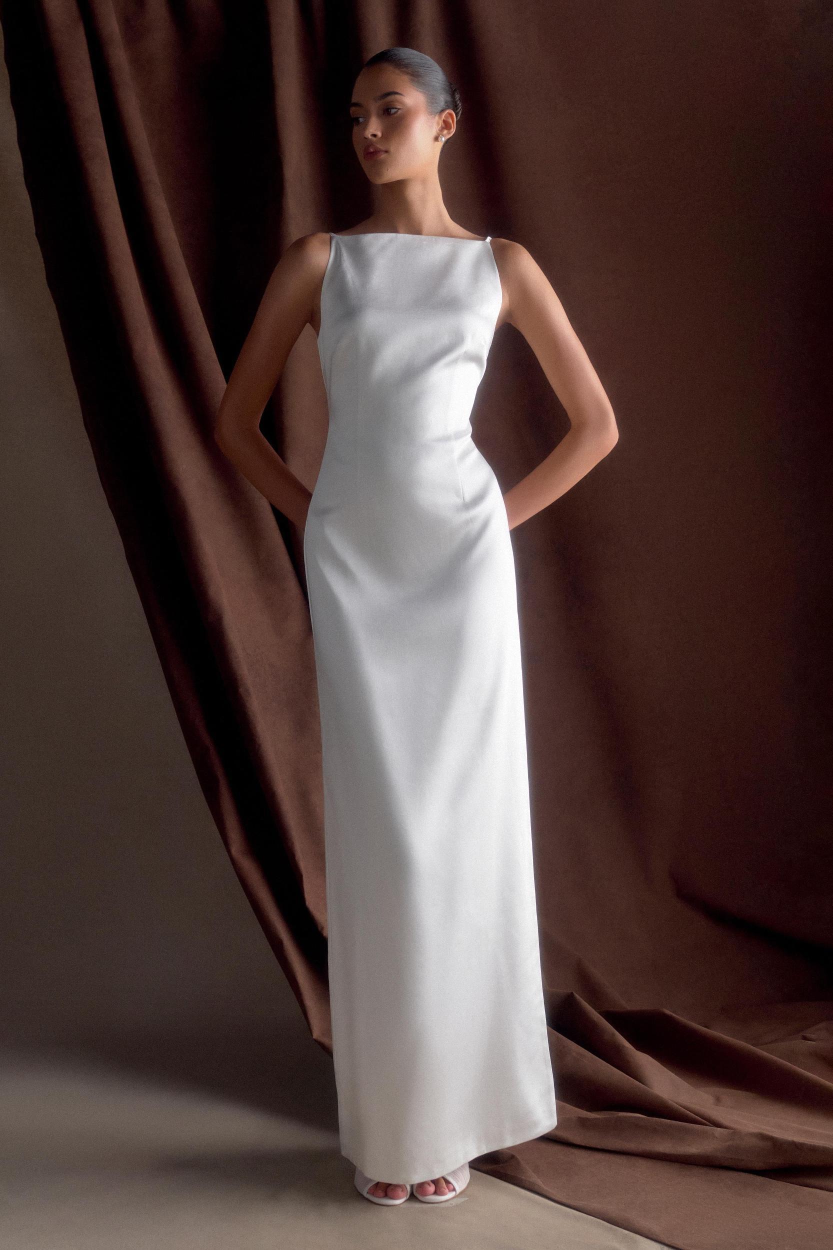 Violet Sleeveless Satin Maxi Dress - White Product Image