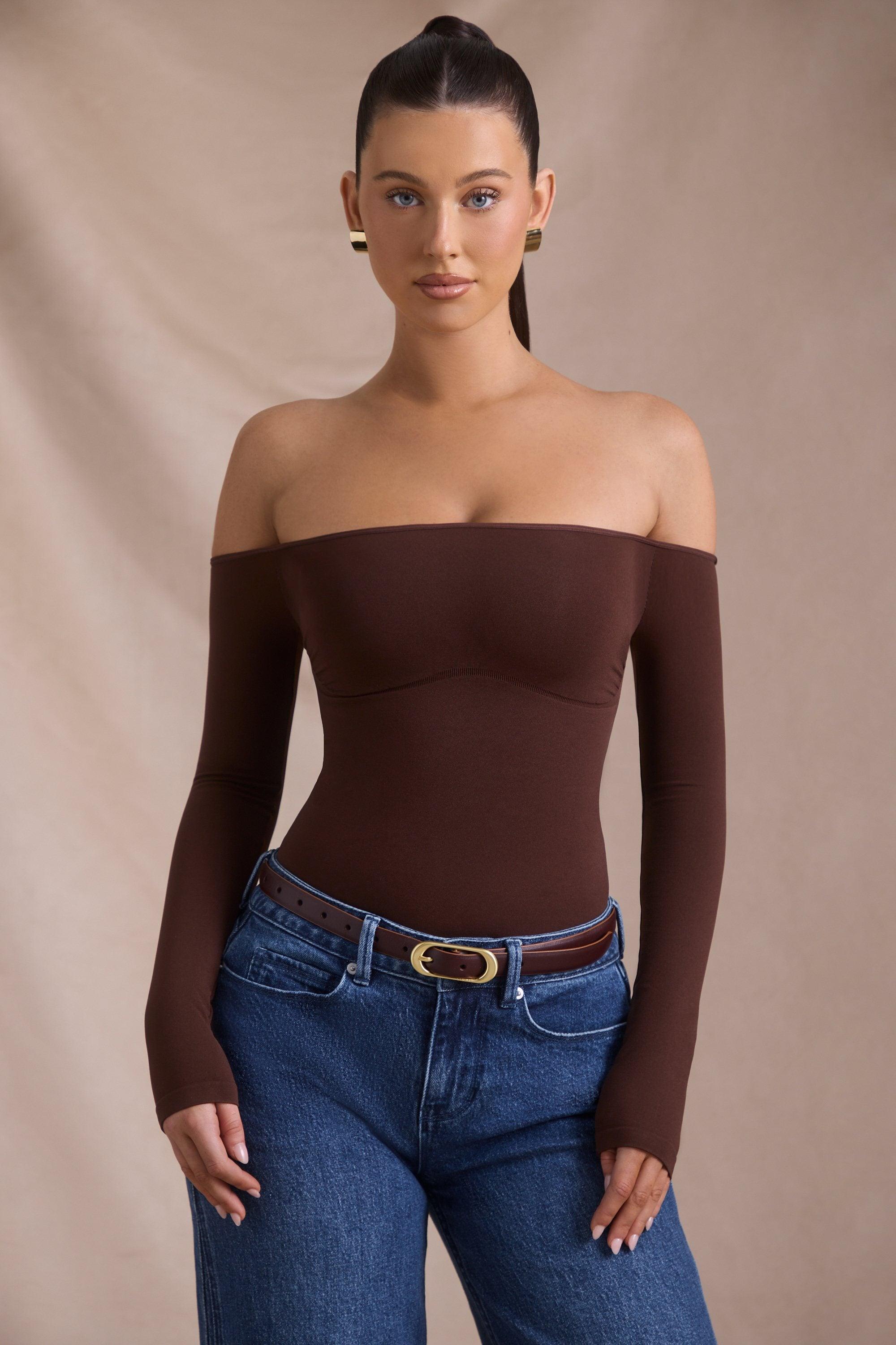 Seamless Off-Shoulder Long-Sleeve Bodysuit in Espresso Product Image