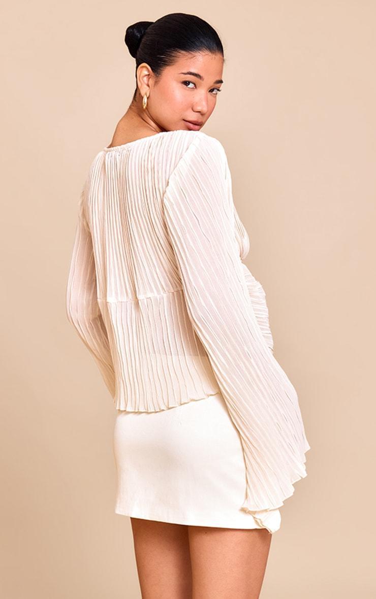 Cream Sheer Plisse Tie Front Flute Sleeve Blouse Product Image