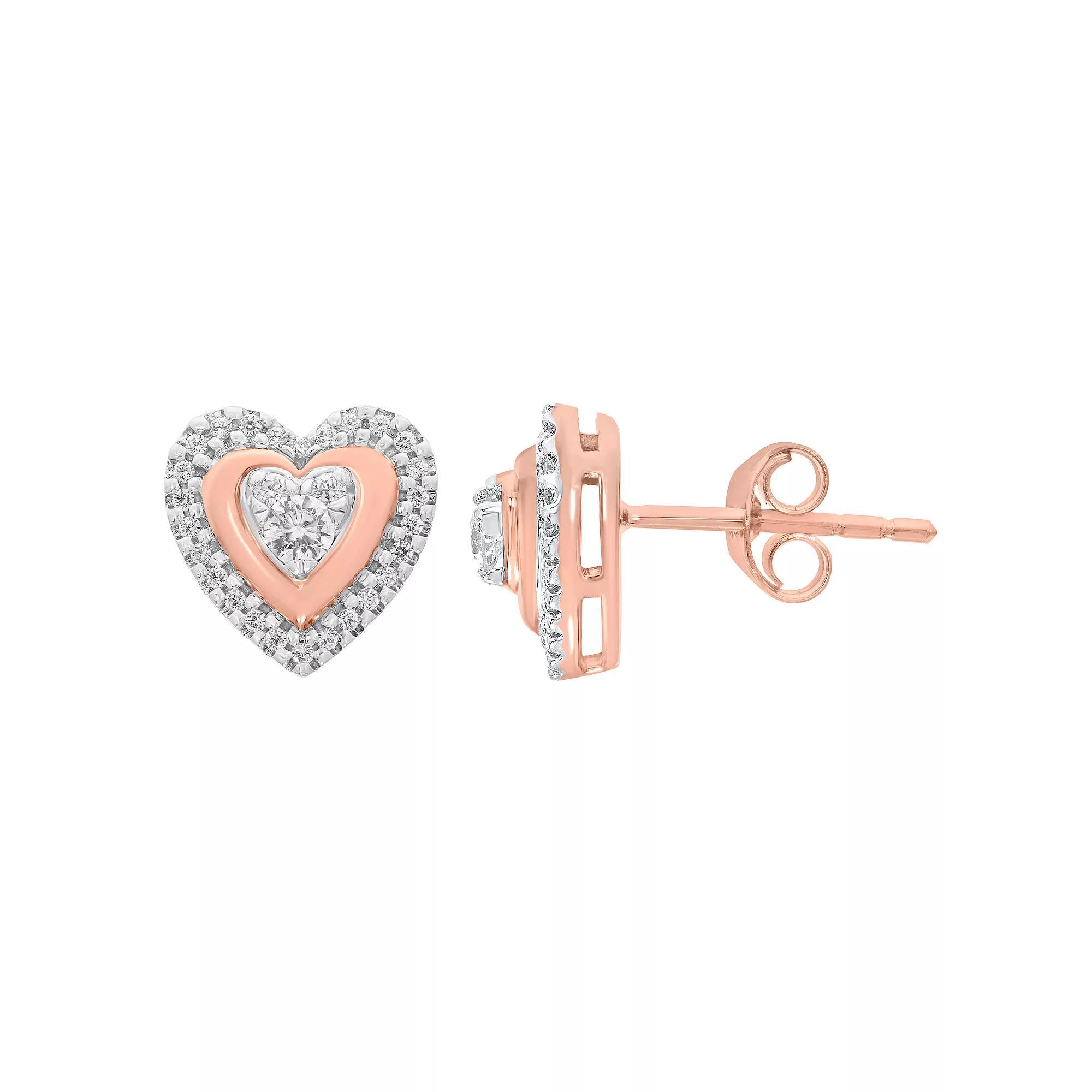 10k Rose Gold 1/3 Carat T.W. Diamond Halo Heart Earrings, Women's, Two Tone Product Image