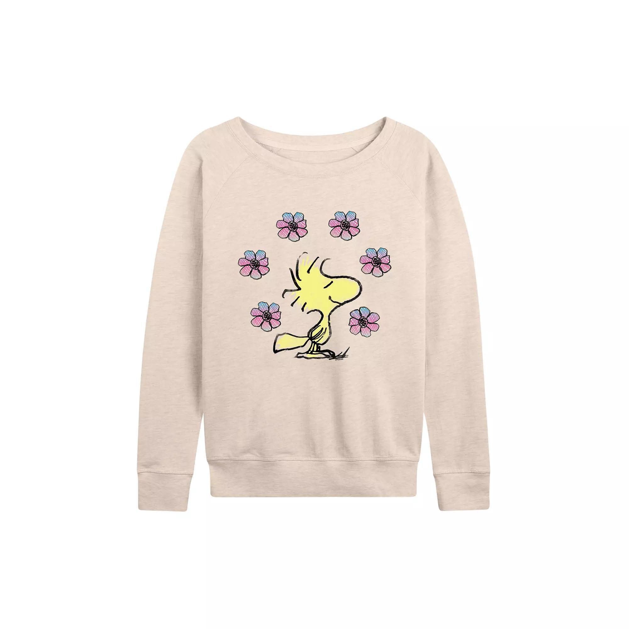 Women's Peanuts Woodstock Floral French Terry Long Sleeve Tee, Girl's, Size: Large, Beige Product Image