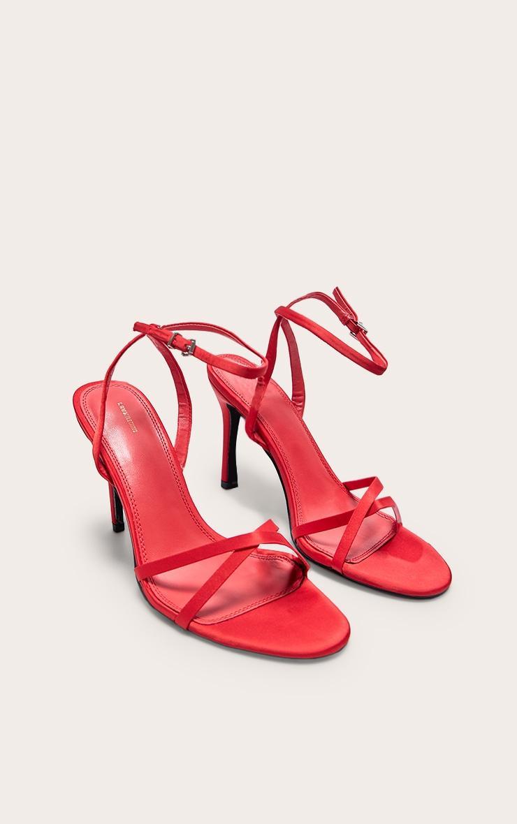 Red Satin Round Toe Cross Over Strap Barely There Heeled Sandals Product Image