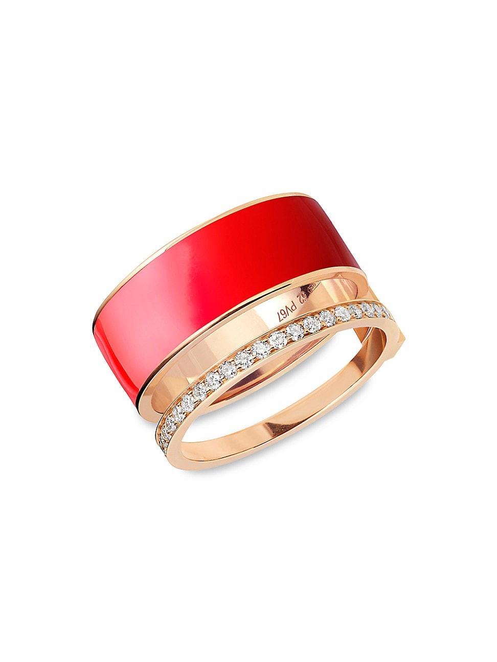 Womens Berbere 18K Rose Gold, Red Lacquer & Diamond 2-Row Ring Product Image