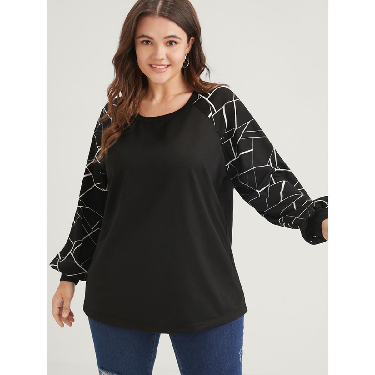 Plus Size Geometric Raglan Sleeve Round Neck Sweatshirt Women Black Elegant Patchwork Round Neck Dailywear Sweatshirts BloomChic 10/M Product Image