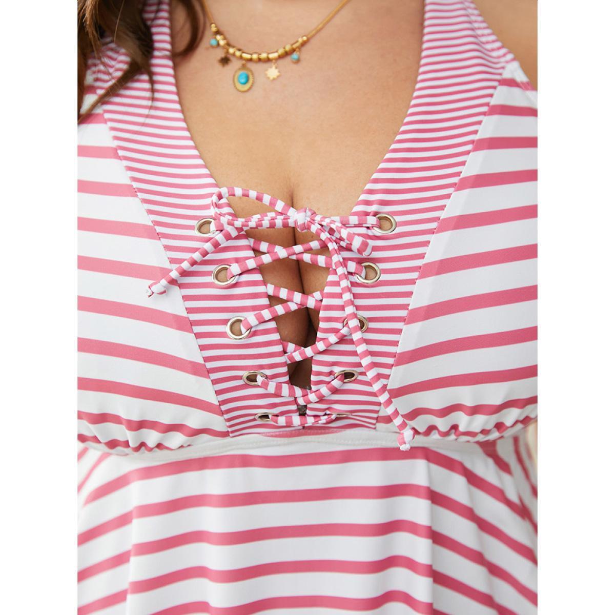 Plus Size Striped Contrast Lace Up Crossover Tankini Top Women's Swimwear Pink Vacation Adjustable Straps High stretch Bodycon V-neck Curve Swim Tops BloomChic 10/M Product Image