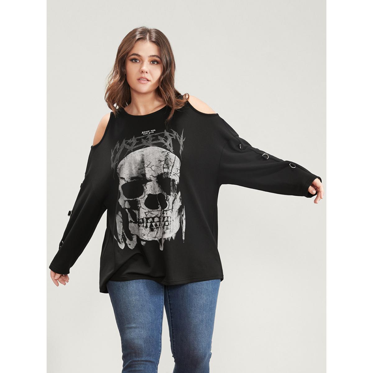 Plus Size Halloween Skull Print Cold Shoulder Sweatshirt Women Black Elegant Printed Round Neck Dailywear Sweatshirts BloomChic 10/M Product Image