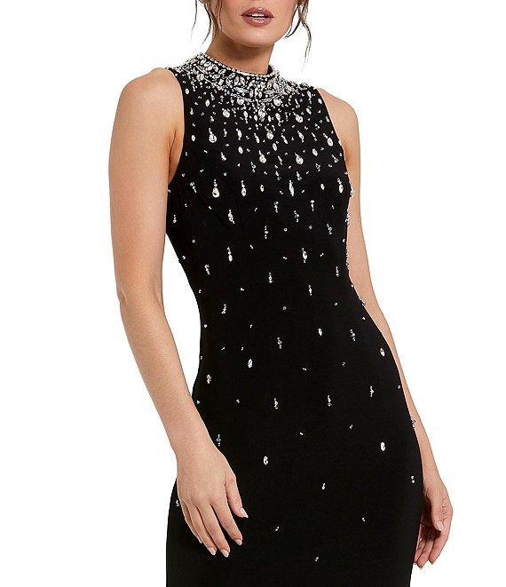 Mac Duggal Mock Neck Beaded Trim Stretch Jersey Column Gown Product Image