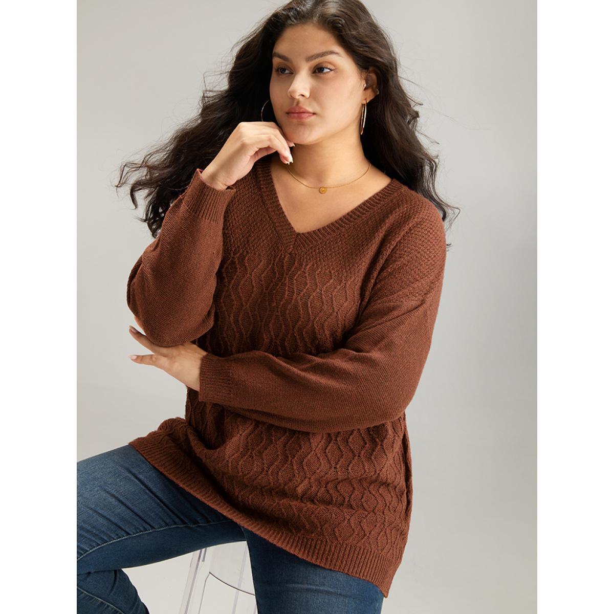 Plus Size Plisse Solid Drop Shoulder Pullover RedViolet Women Casual Loose Long Sleeve V-neck Dailywear Pullovers BloomChic 18-20/2X Product Image