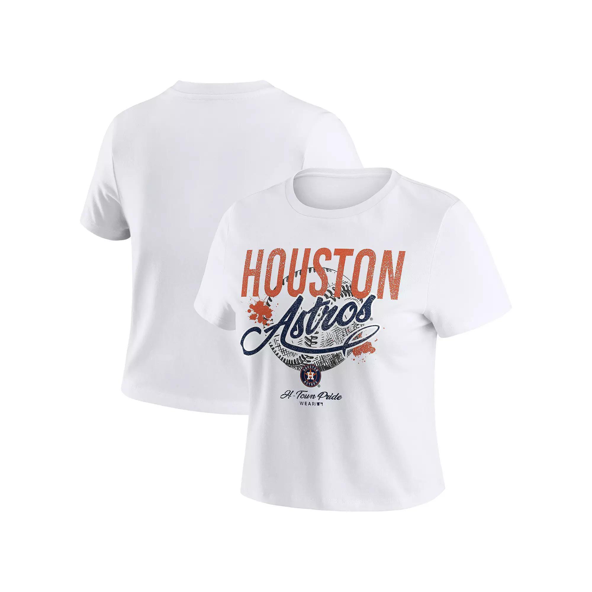 Women's WEAR by Erin Andrews White Houston Astros Distressed Cropped Baby T-Shirt,  Product Image