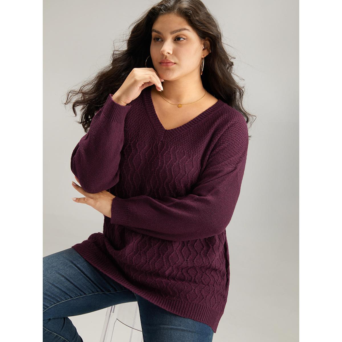 Plus Size Plisse Solid Drop Shoulder Pullover RedViolet Women Casual Loose Long Sleeve V-neck Dailywear Pullovers BloomChic 18-20/2X Product Image