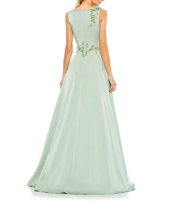 Mac Duggal Sequin Floral Applique Boat Neck Sleeveless Gathered Gown Product Image