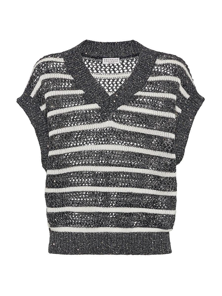 Womens Dazzling Striped Net Knit T-Shirt in Linen Product Image