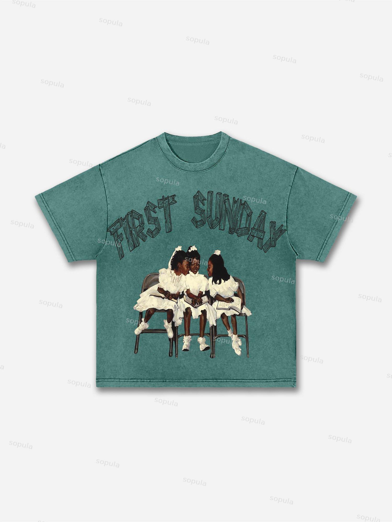 First Sunday Retro Graphic Print Acid Washed T-Shirt Product Image