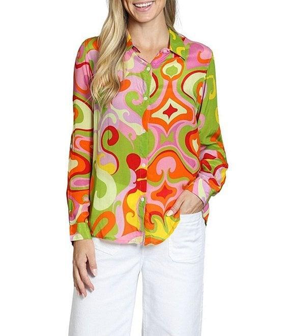 APNY Woven Printed Spread Collar Long Sleeve Button Front Top Product Image
