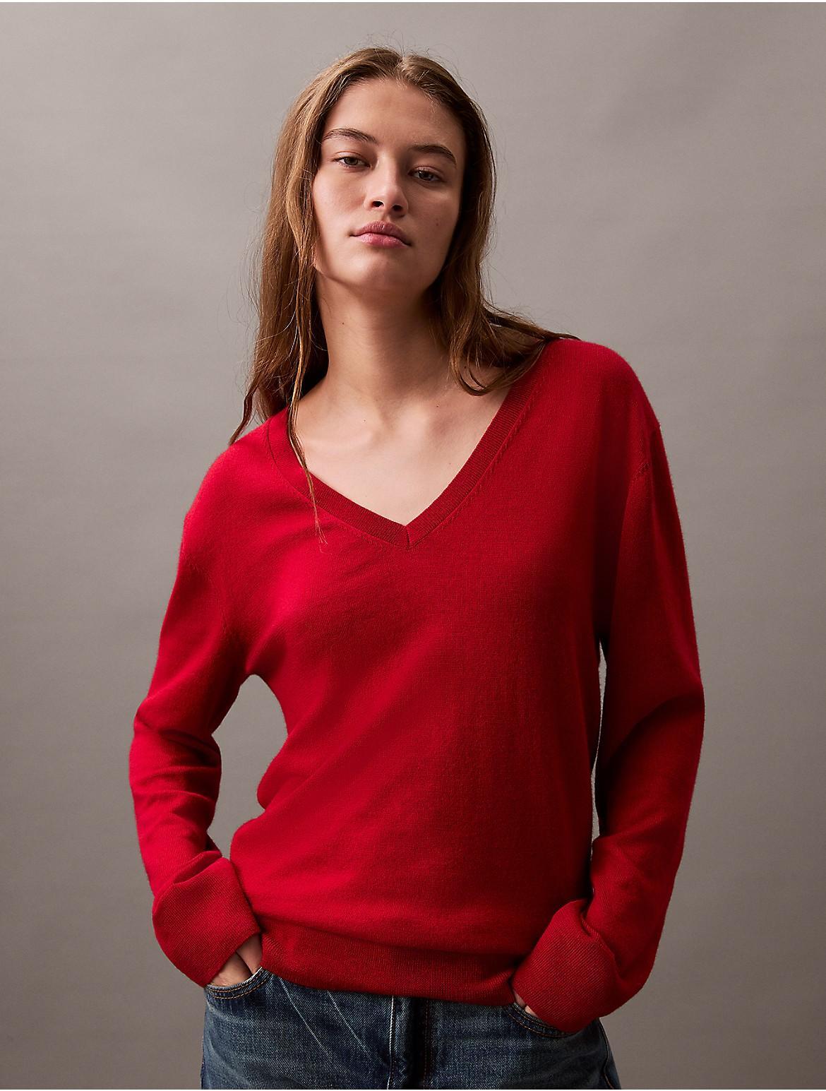 Calvin Klein Womens Extra Fine Merino Blend V-Neck Sweater - Red Product Image