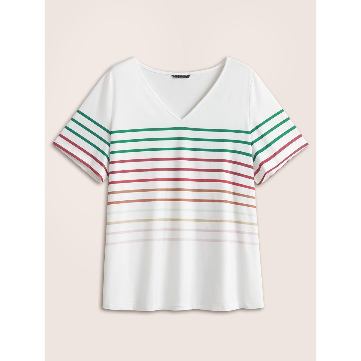 Plus Size Contrast Striped V Neck T-shirt White Women Casual Contrast Striped V-neck Everyday T-shirts BloomChic 18-20/2X Product Image