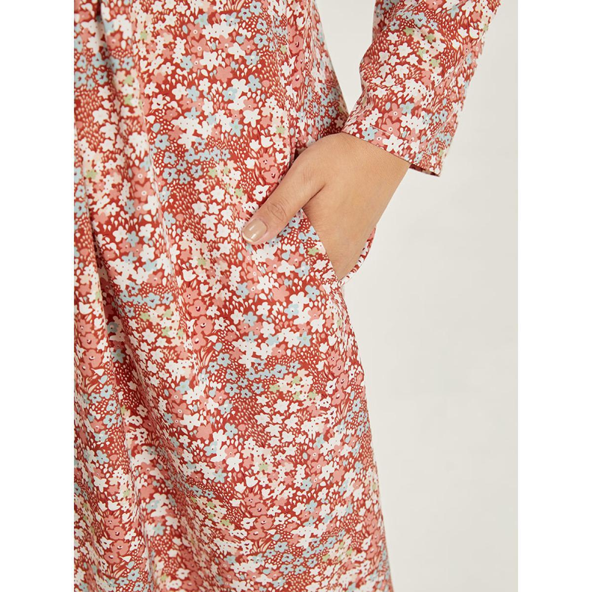 Plus Size Ditsy Floral Notched Pocket Button Detail Dress Russet Women Casual Printed Notched collar Long Sleeve Curvy Midi Dress BloomChic 12/L Product Image