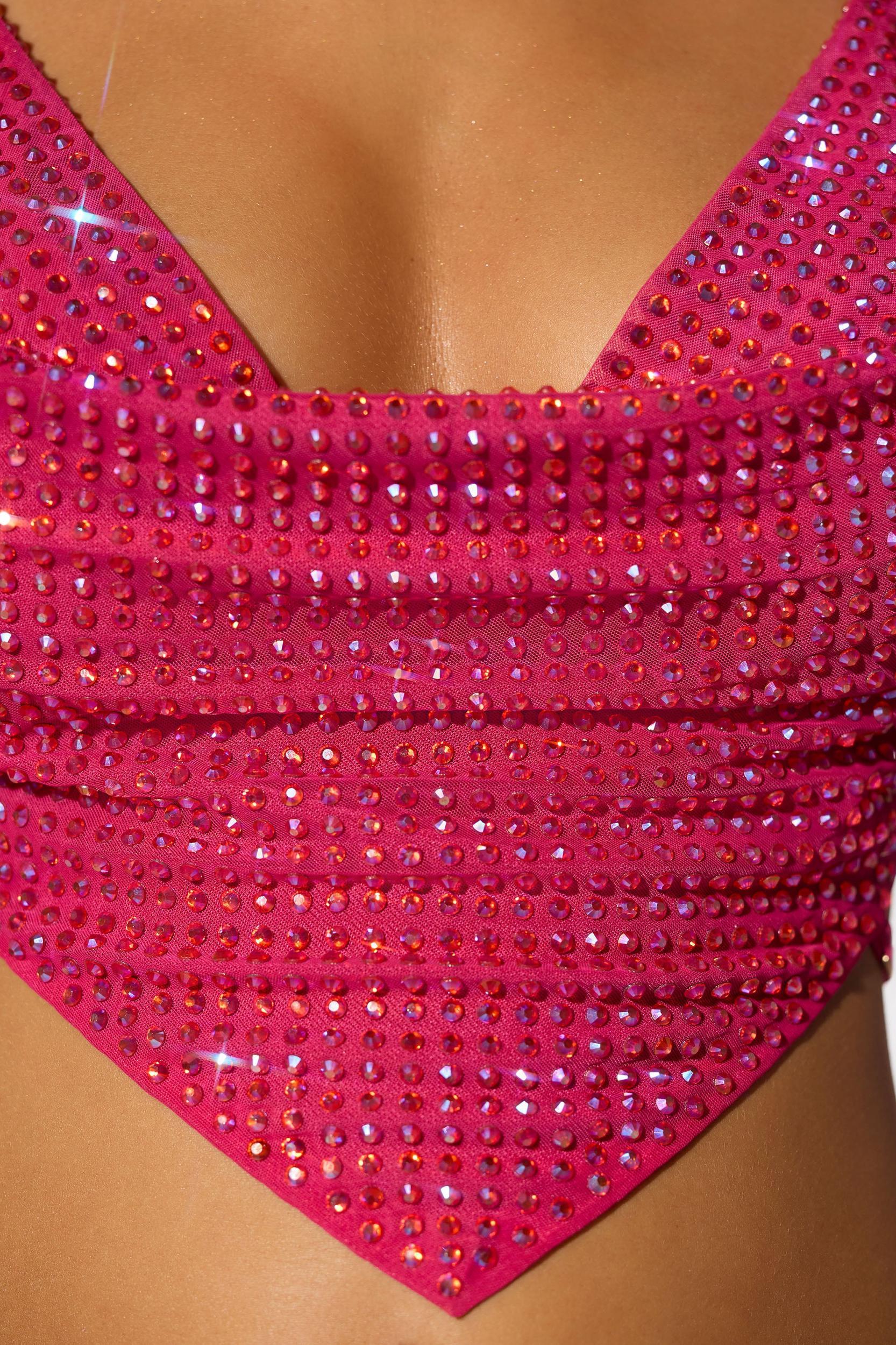 Embellished Cowl Neck Open Back Crop Top in Hot Pink Product Image