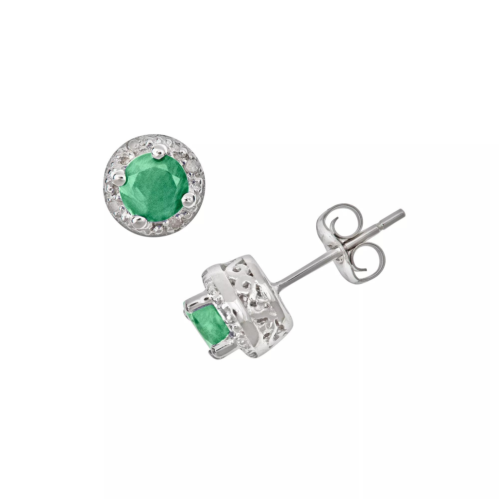 Celebration Gems Sterling Silver Emerald and Diamond Accent Frame Stud Earrings, Women's Product Image