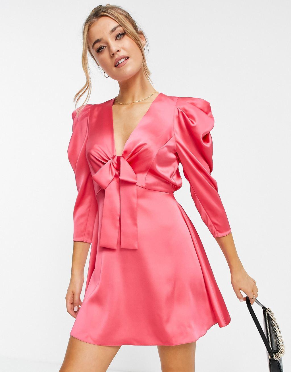 Miss Selfridge satin plunge mini dress in hot pink Product Image