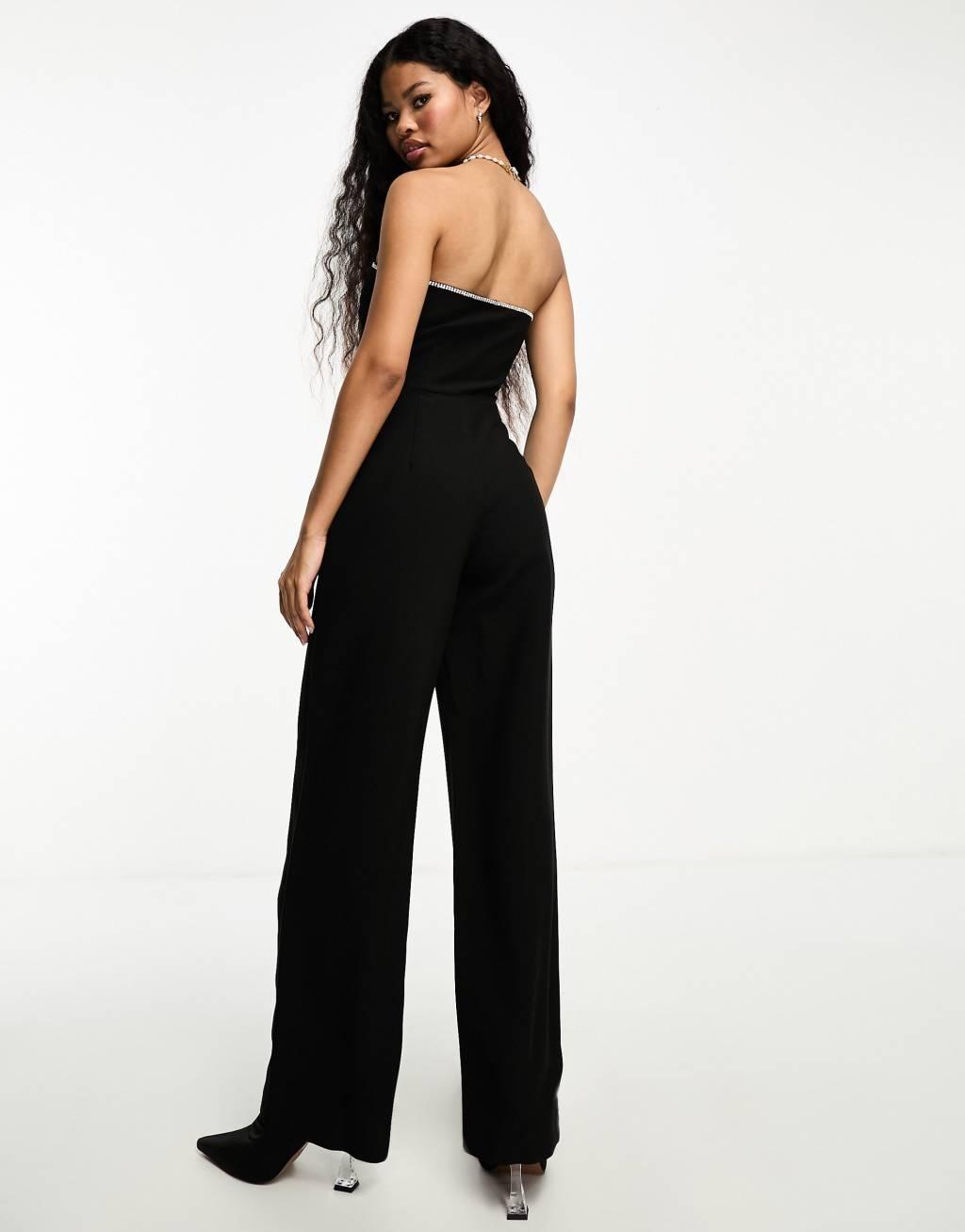 4th & Reckless Petite exclusive diamante trim sweetheart neckline flared jumpsuit Product Image