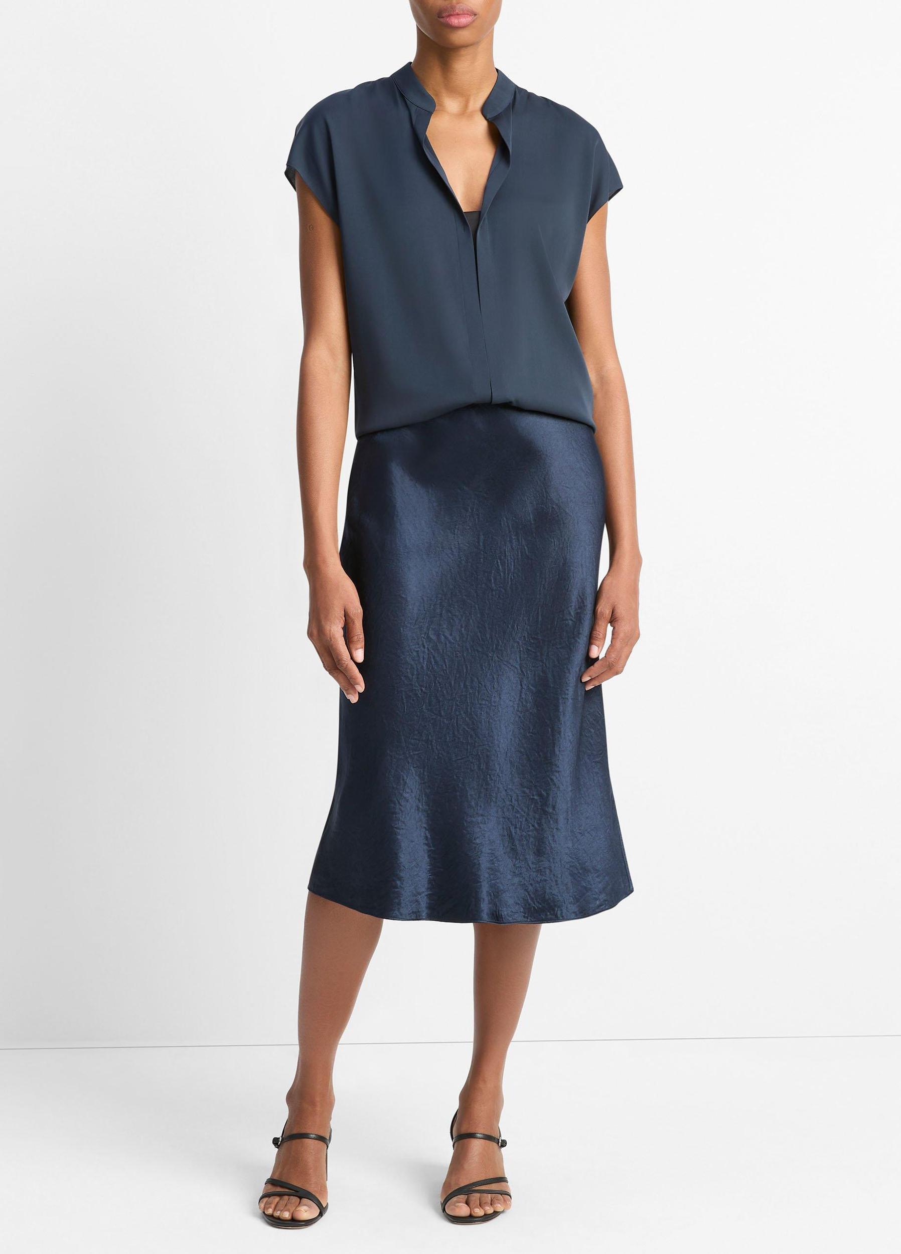 Contrast-Placket Stretch-Silk Cap-Sleeve Blouse Product Image