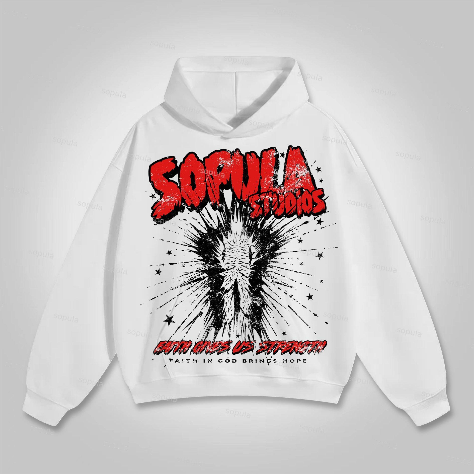 Fashion Peace In War Print Graphic Loose Hoodie Product Image