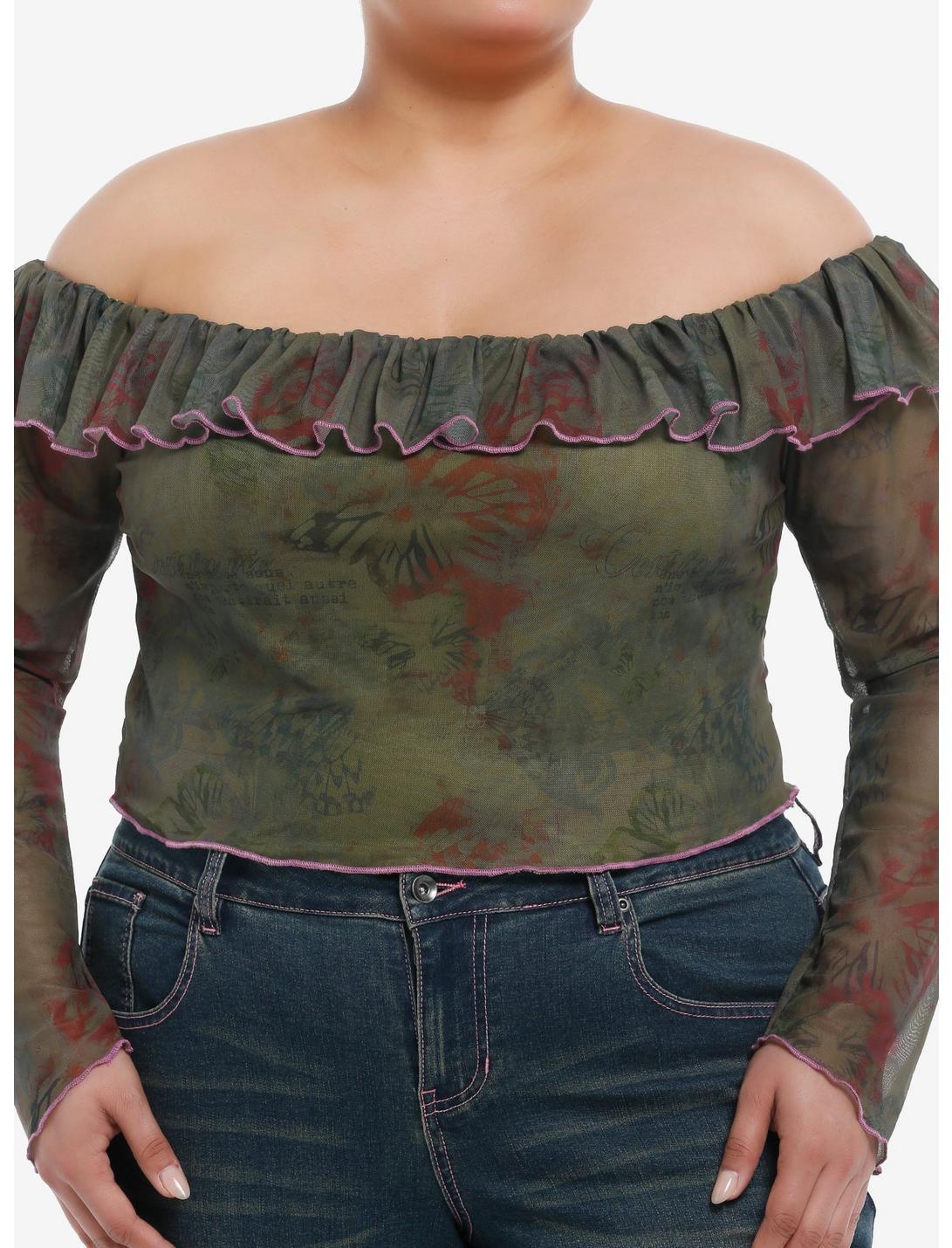 Grunge Butterfly Floral Off-The-Shoulder Crop Top Plus Size Product Image