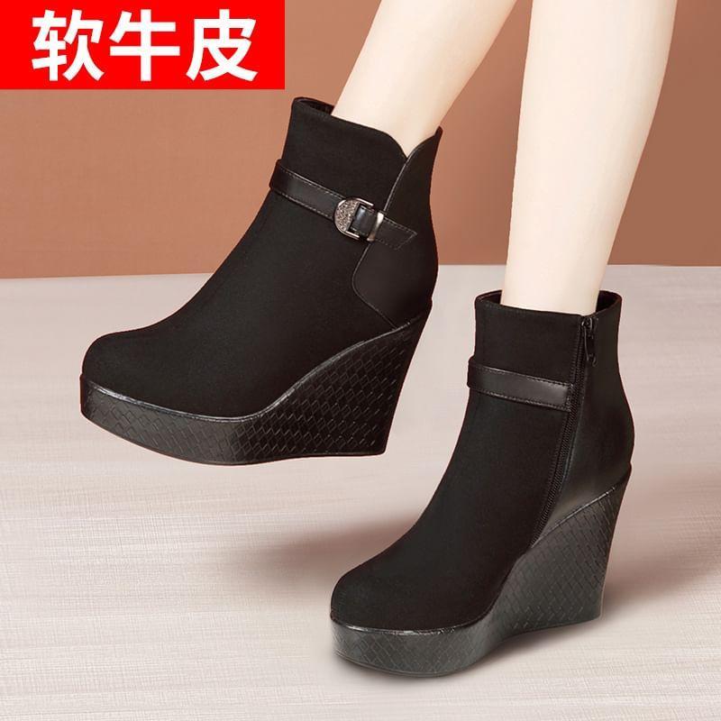 Platform Buckled Wedge Short Boots Product Image