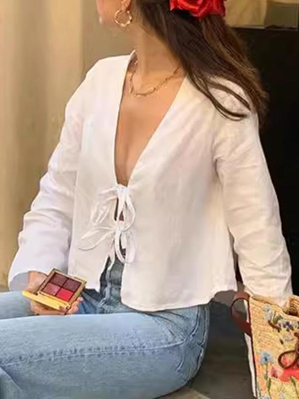 Lace-Up Solid Color V-Neck Blouses&Shirts Tops Product Image