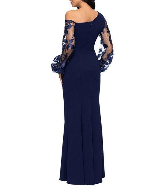 Betsy & Adam One Shoulder Asymmetrical Long Sleeve Faux Wrap Gown Product Image