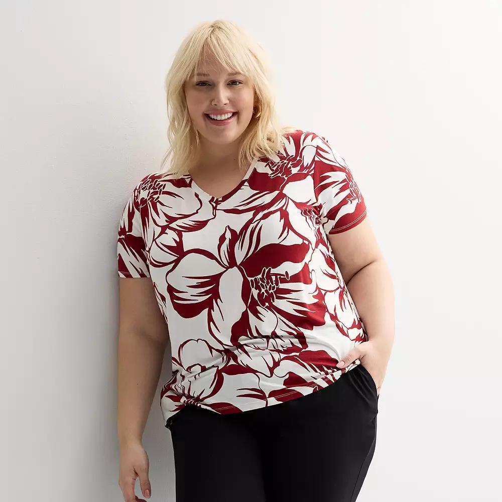 Plus Size Nine West Essential Soft Spun Short Sleeve V-Neck Tee, Women's, Size: 0X, Red Mid  Flor Product Image