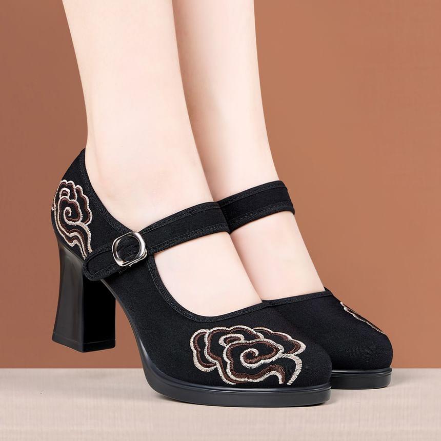 Platform Embroidered Mary Jane Pumps Product Image