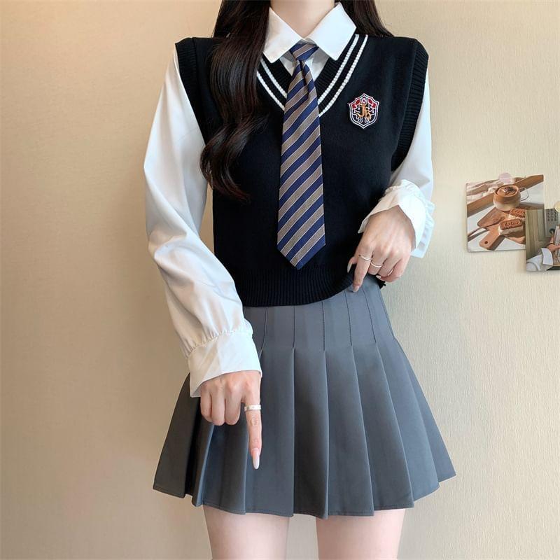 Set: Mock Two-Piece Long-Sleeve Logo Applique Knit Panel Shirt + Striped Necktie Product Image