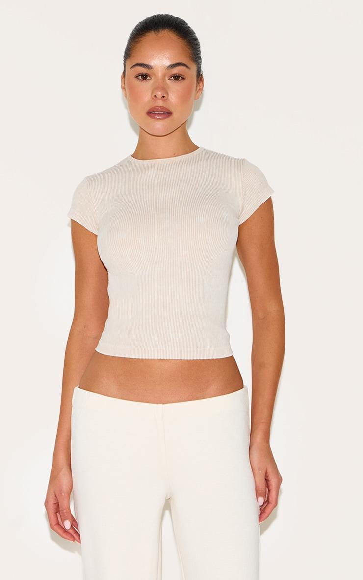 Cream Washed Faded Rib Scoop Neck Fitted Top Product Image