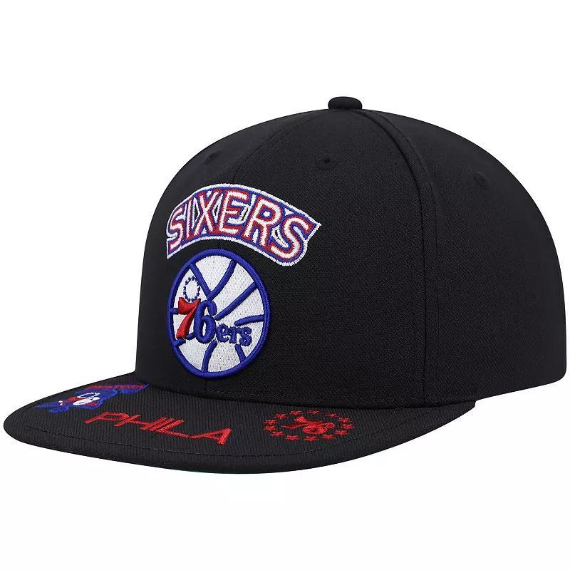 Mens Mitchell & Ness Black Philadelphia 76ers Hardwood Classics Front Loaded Snapback Hat Product Image