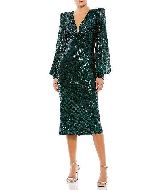 Mac Duggal Plunge V-Neck Long Bishop Sleeve Sequin Sheath Midi Dress Product Image