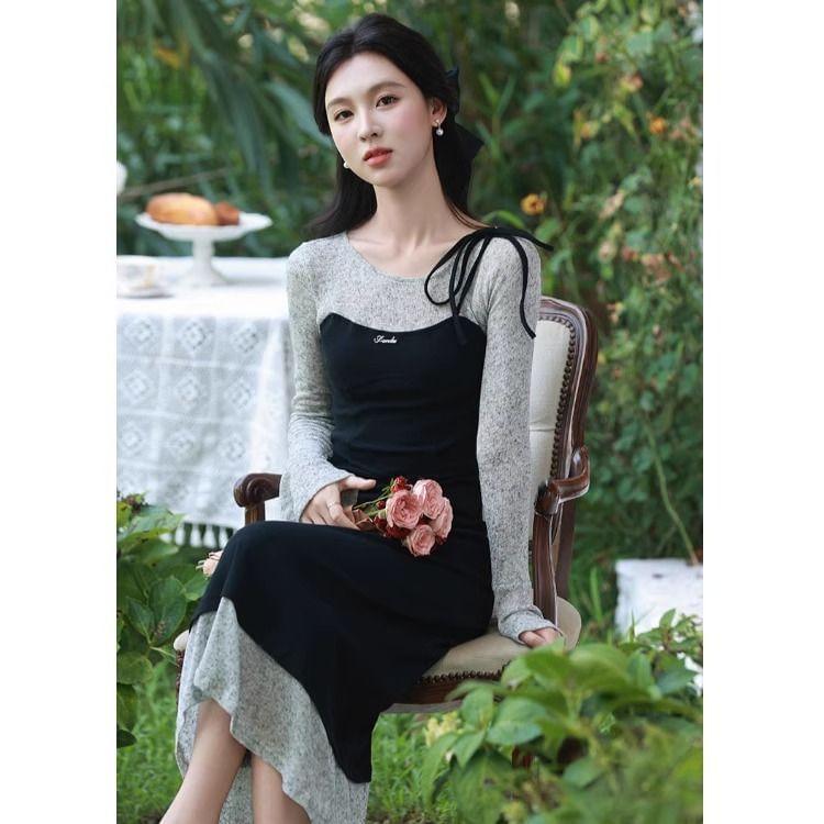 Long Sleeve Round Neck Mock Two Piece Midi A-Line Dress Product Image