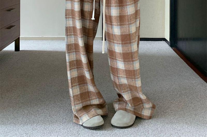 Drawstring Waist Plaid Wide Leg Pants Product Image