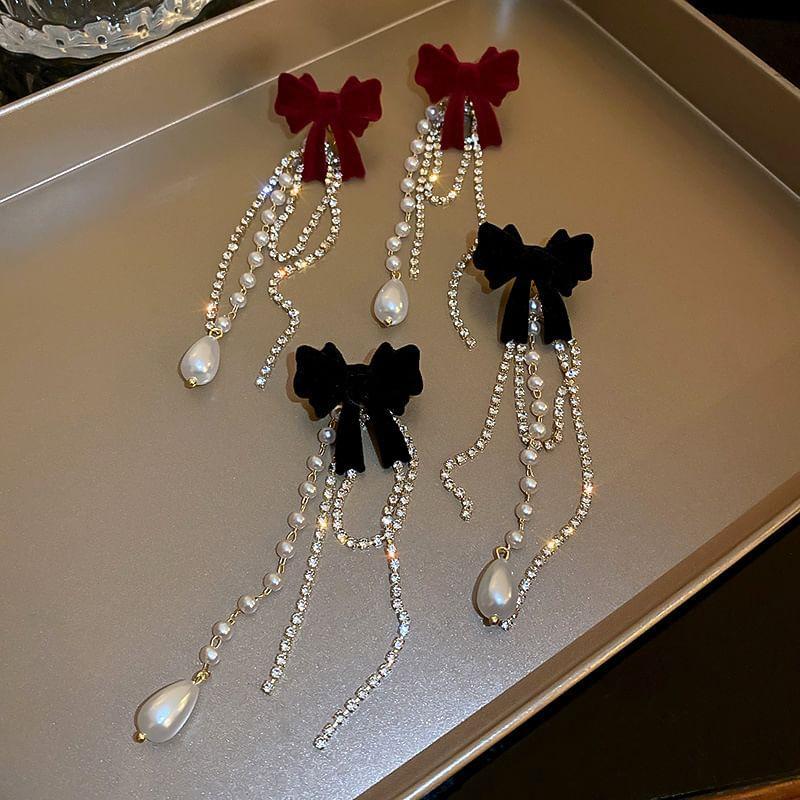 Bow Flocking Faux Pearl Rhinestone Fringed Dangle Earring Product Image