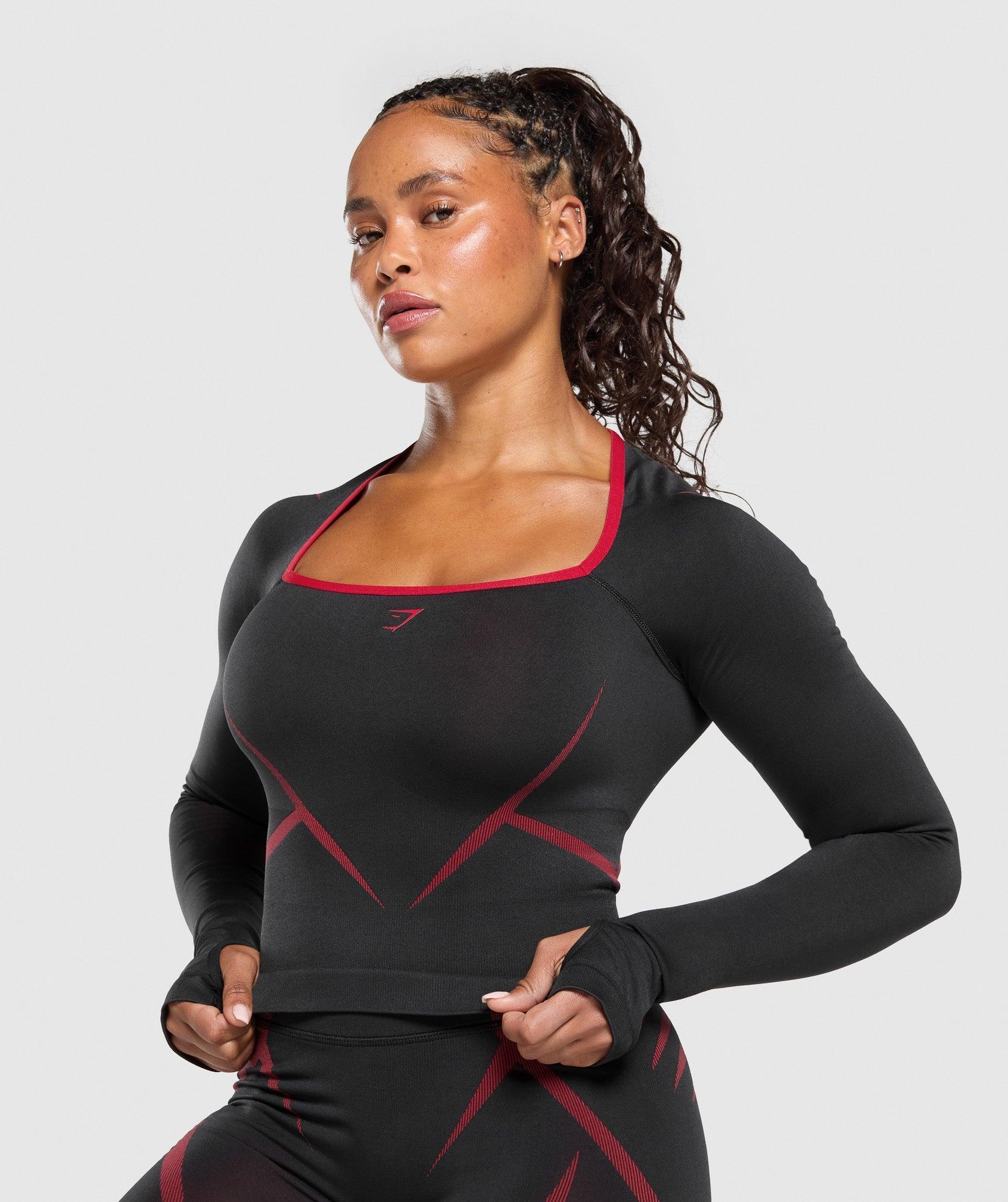 Gymshark Apex Lift Seamless Long Sleeve Crop Top - Black/Carmine Red Female Product Image