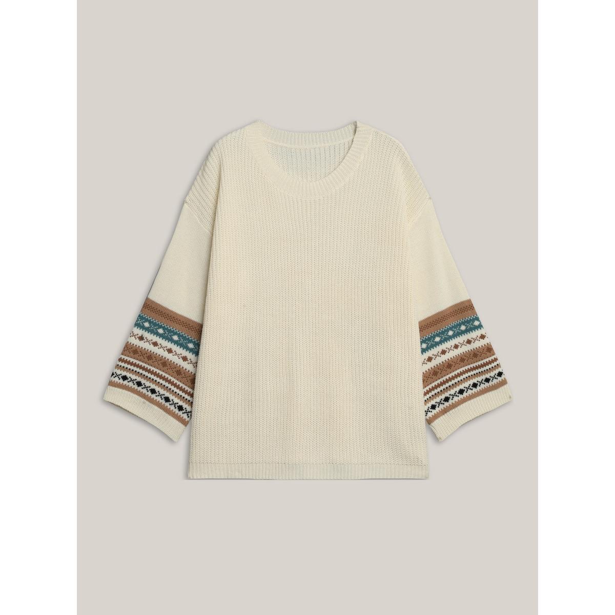 Plus Size Round Neck Color-Block Textured Pullover Ivory Women Casual Loose Long Sleeve Everyday Cardigans BloomChic 14-16/1X Product Image