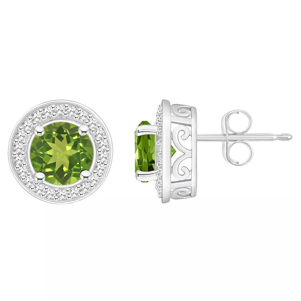 Celebration Gems Sterling Silver Round Gemstone & 1/5 Carat T.W. Diamond Halo Stud Earrings, Women's, Peridot Product Image