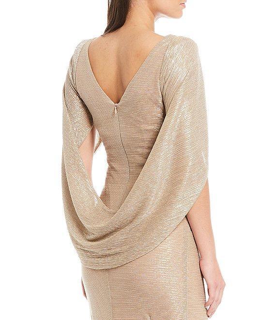 Betsy & Adam Petite Size Draped Back 3/4 Cape Sleeve Round Neck Metallic Crinkled Ruched Sheath Gown Product Image