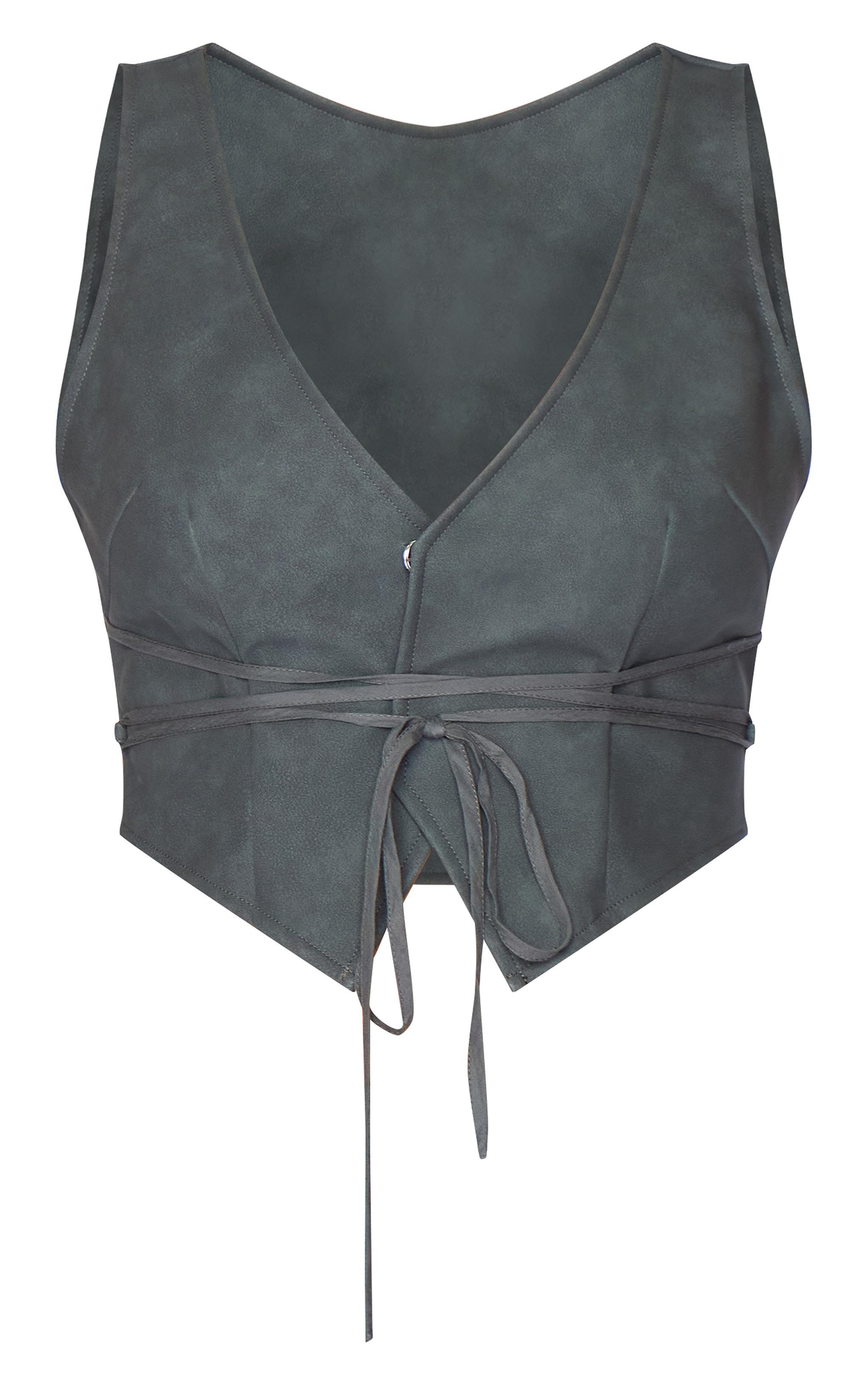 Tall Washed Grey Faux Leather Tie Waist Vest Product Image