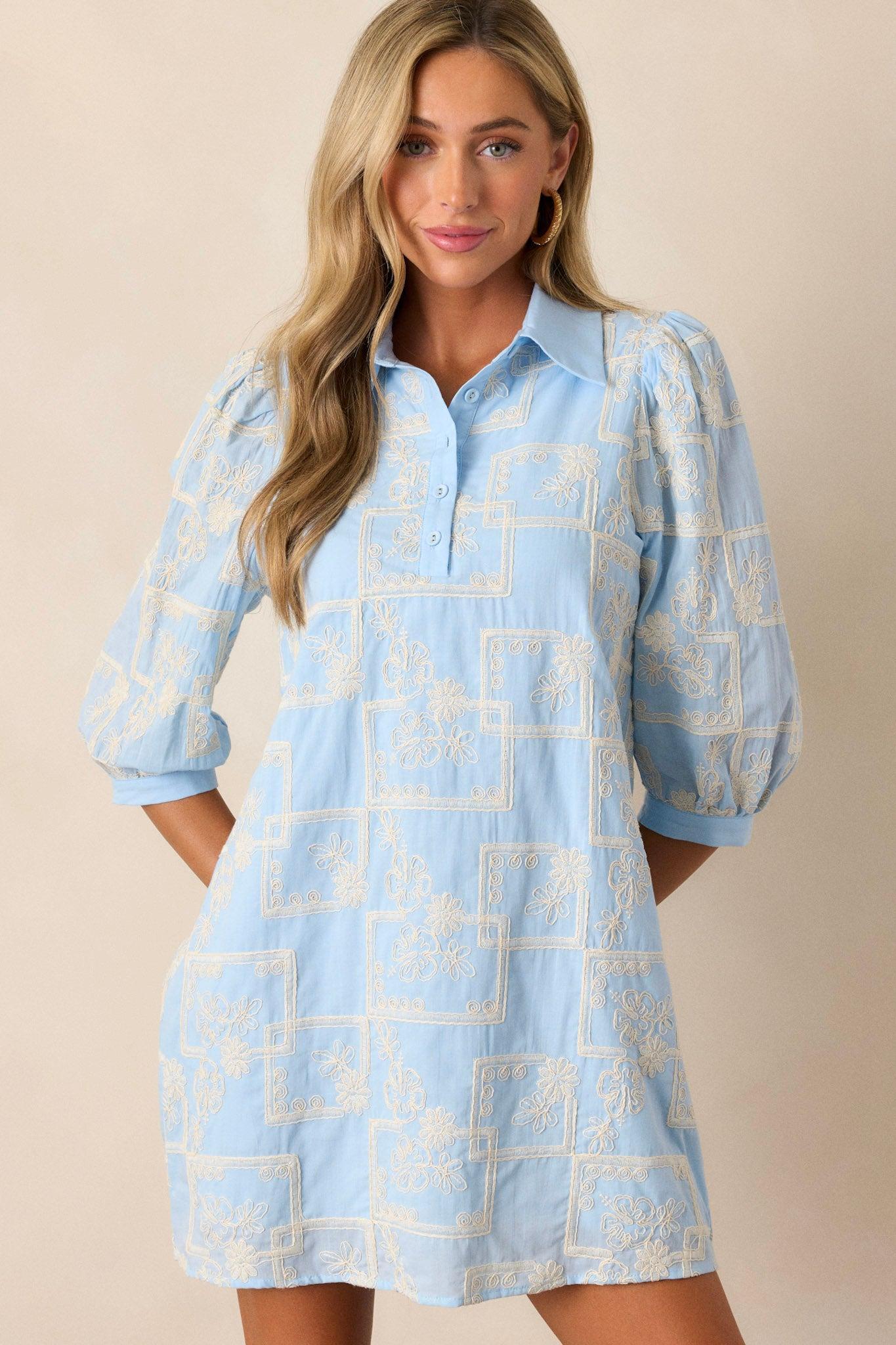 So Close 100% Cotton Light Blue Embroidered Mini Dress Product Image