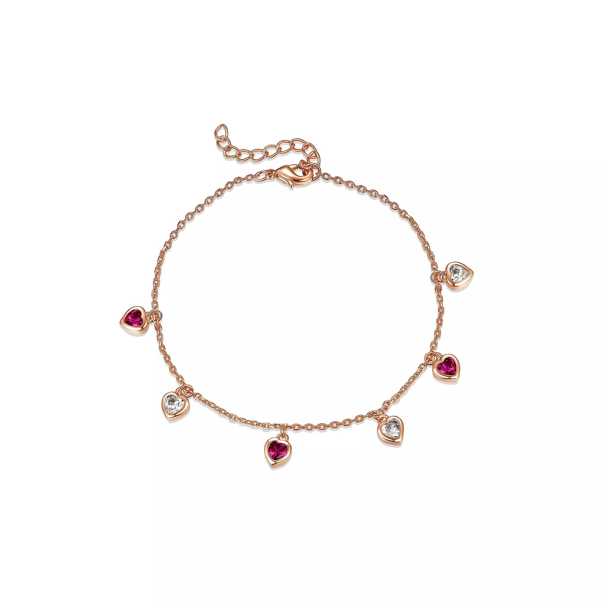 18k Rose Gold Plated Cubic Zirconia Heart Dangle Charm Bracelet, Womens Gold Tone Product Image